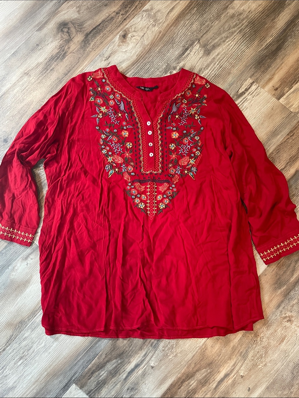 Red Embroidered Boho Viscose  Women's Tunic Top